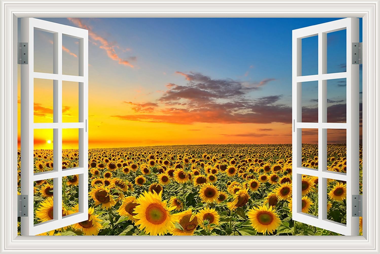 ADALE Faux Window Wall Art Sunset Sunflower Field Print Wall Decor Art ...