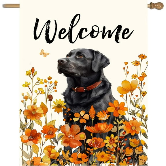 ADALE Floral Black Lab Garden Flag Large Fall House Flag Double Sided Orange Wildflower Labrador Dog Yard Flags for Outside Autumn Lawn Flags Welcome Thanksgiving Outdoor Flags (Size 12x18in/30x45cm)