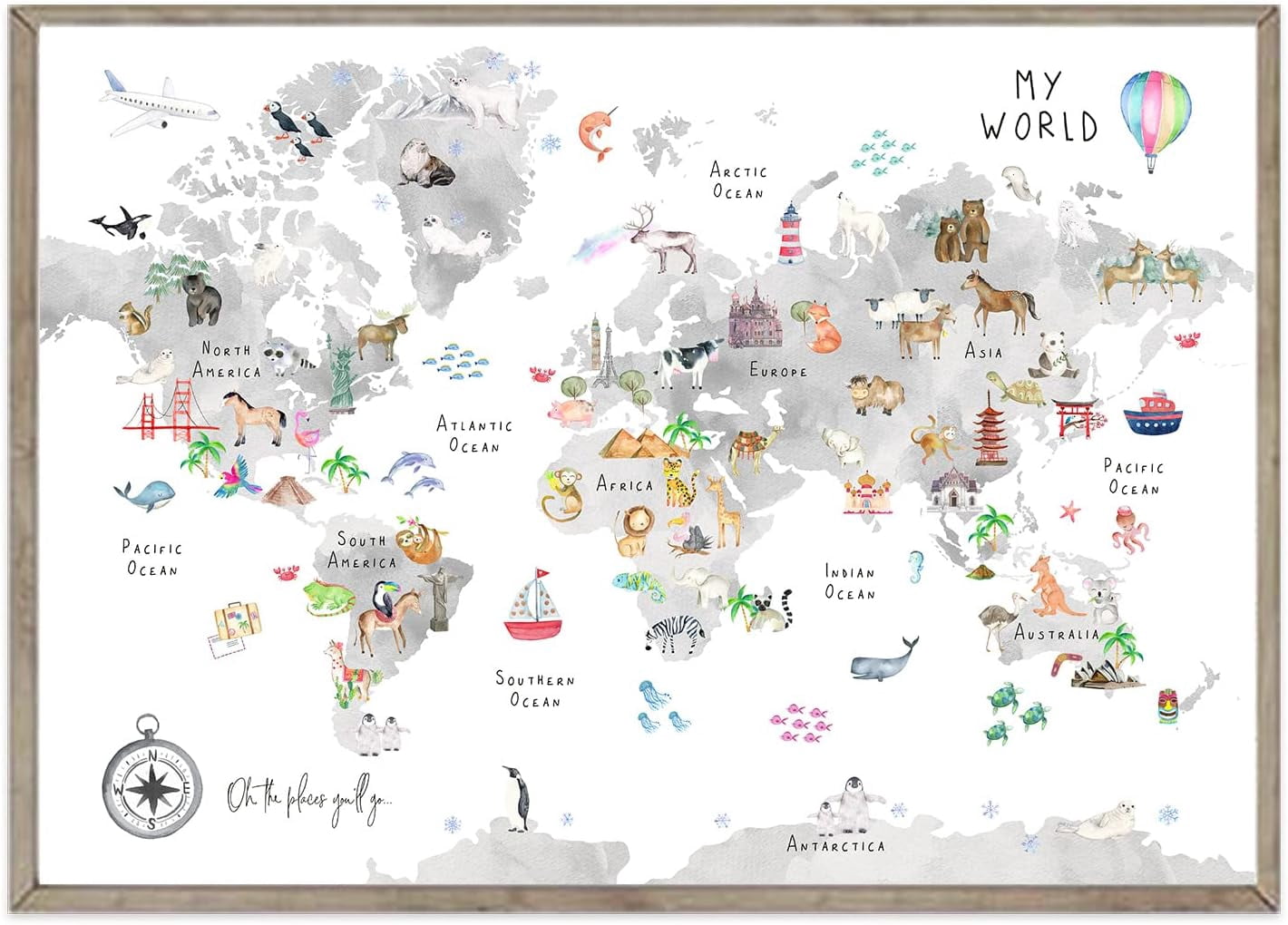ADALE Grey Kids World Map Wall Art Animal Map Canvas Wall Art ...