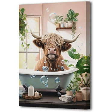 ADALE Highland Cow Canvas Wall Art Cow in Bathtub Picture Prints Bathroom Animal Painting for Toilet Kid Room Decor Framed 20x24 Inch