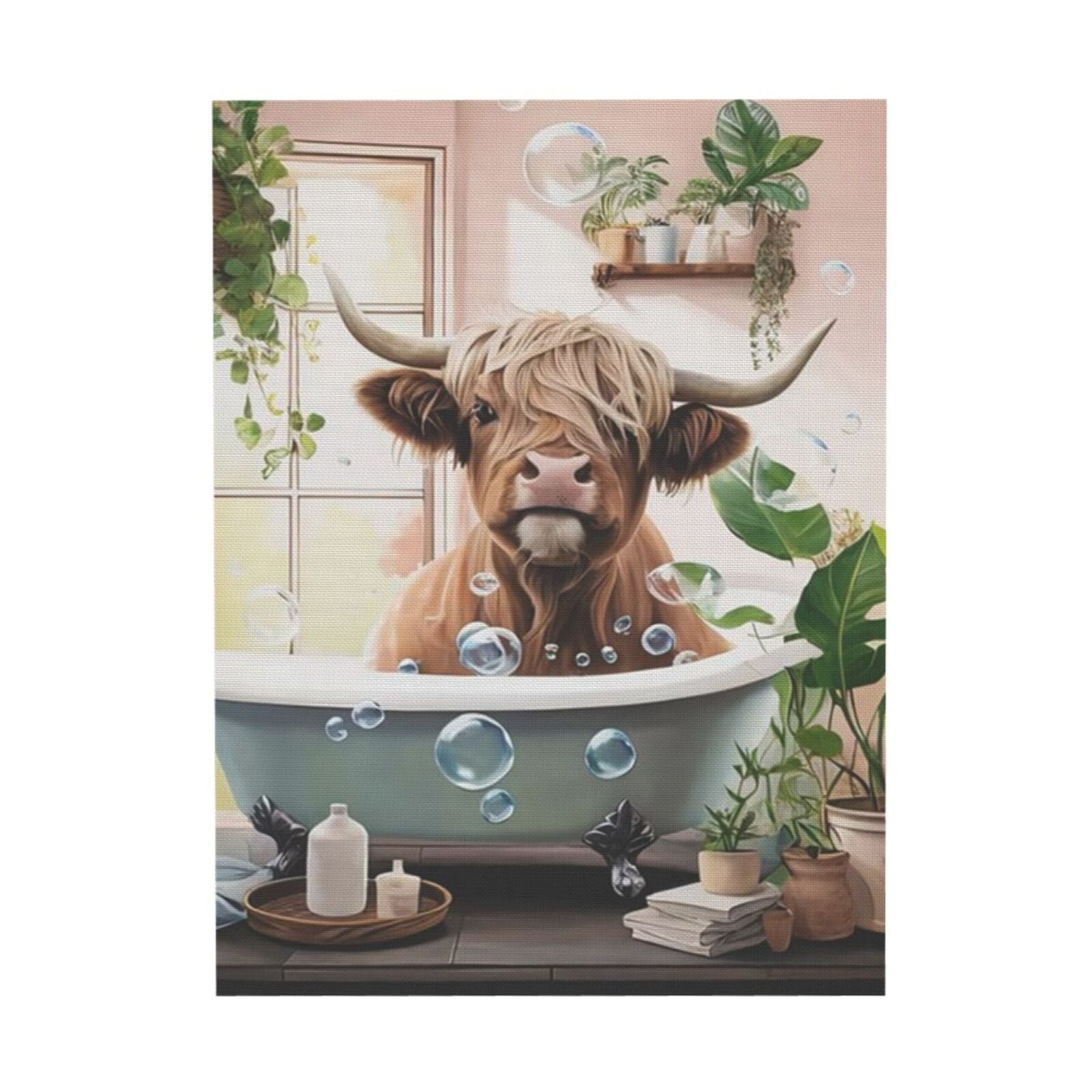 ADALE Highland Cow Canvas Wall Art Cow in Bathtub Picture Prints Bathroom Animal Painting for Toilet Kid Room Decor Unframed 16x24 Inch