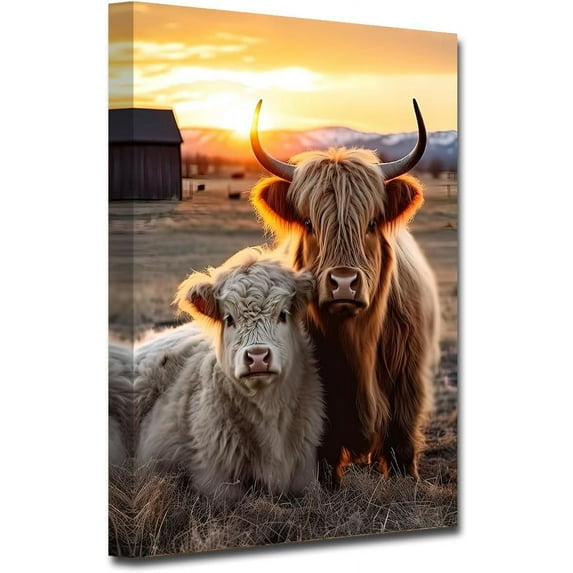 ADALE Highland Cow Canvas Wall Art Farmhouse Wall Decor Rustic Farm Animal Painting Cattle Picture Prints for Bathroom Kitchen Decor Framed 16x12 Inch