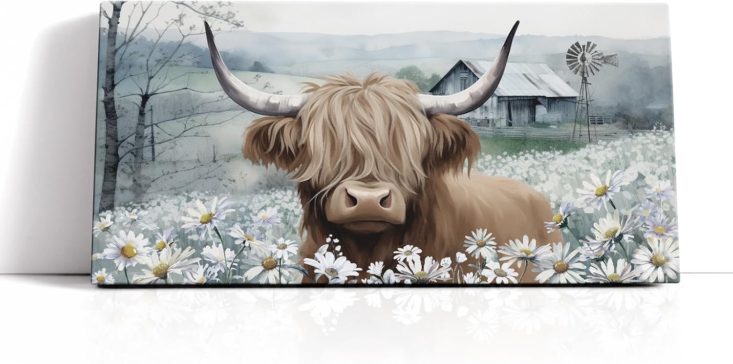 ADALE Highland Cow Canvas Wall Art Large Coastal Farmhouse Highland Cow Flower Picture Floral Artwork Rustic Country Landscape Longhorn Animal Painting Decor Unframed 20x24 Inch