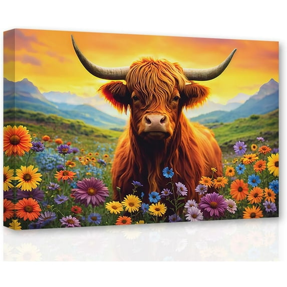 ADALE Highland Cow Pictures Wall Decor Farm Animal Canvas Wall Art Longhorn Cattle Print Painting Farmhouse Kitchen Decor Framed 8x10 Inch
