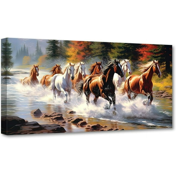 ADALE Horse Canvas Wall Art Animal Painting Wall Decor Eight Horses Cross the Stream Picture Large Living Room Decor Unframed 8x10 Inch