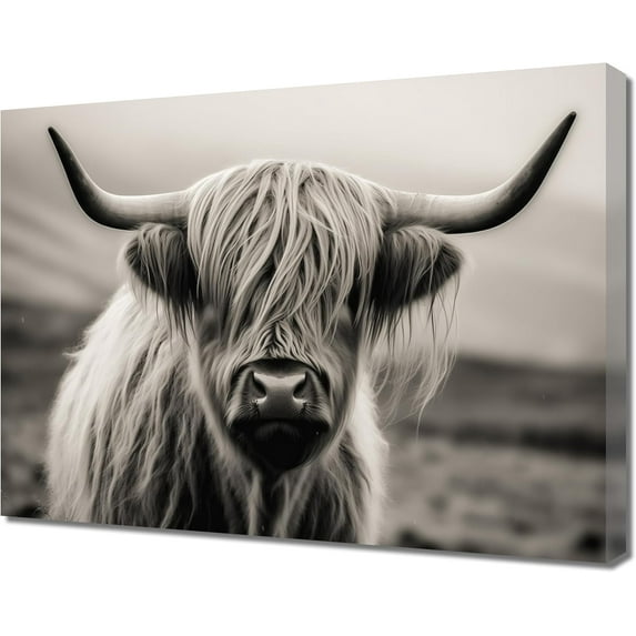ADALE Large Black and White Highland Cow Canvas Wall Art Longhorn Highland Cow Picture Prints Farmhouse Cow Portrait for Home Decor Framed 24x20 Inch