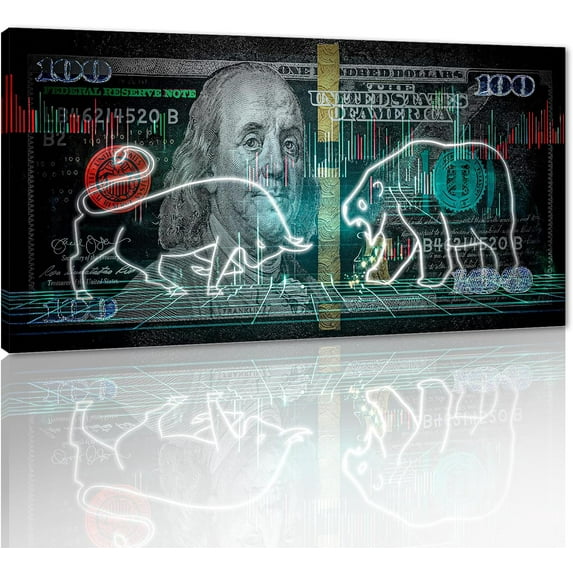 ADALE Large Stock Market Bull VS Bear Artwork Patgs Motivational 100 Dollar Money Benjam Frankl Canvas Wall Art Wooden Ready to Hang - es Framed 18x12 Inch