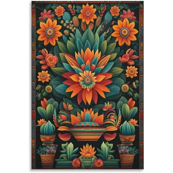 ADALE Mexican Floral Art Poster Print Decor Mexican Aztec Pattern Art Poster Canvas Wall Art Decor Canvas Painting Wall Art Poster for Bedroom Framed 16x12 Inch