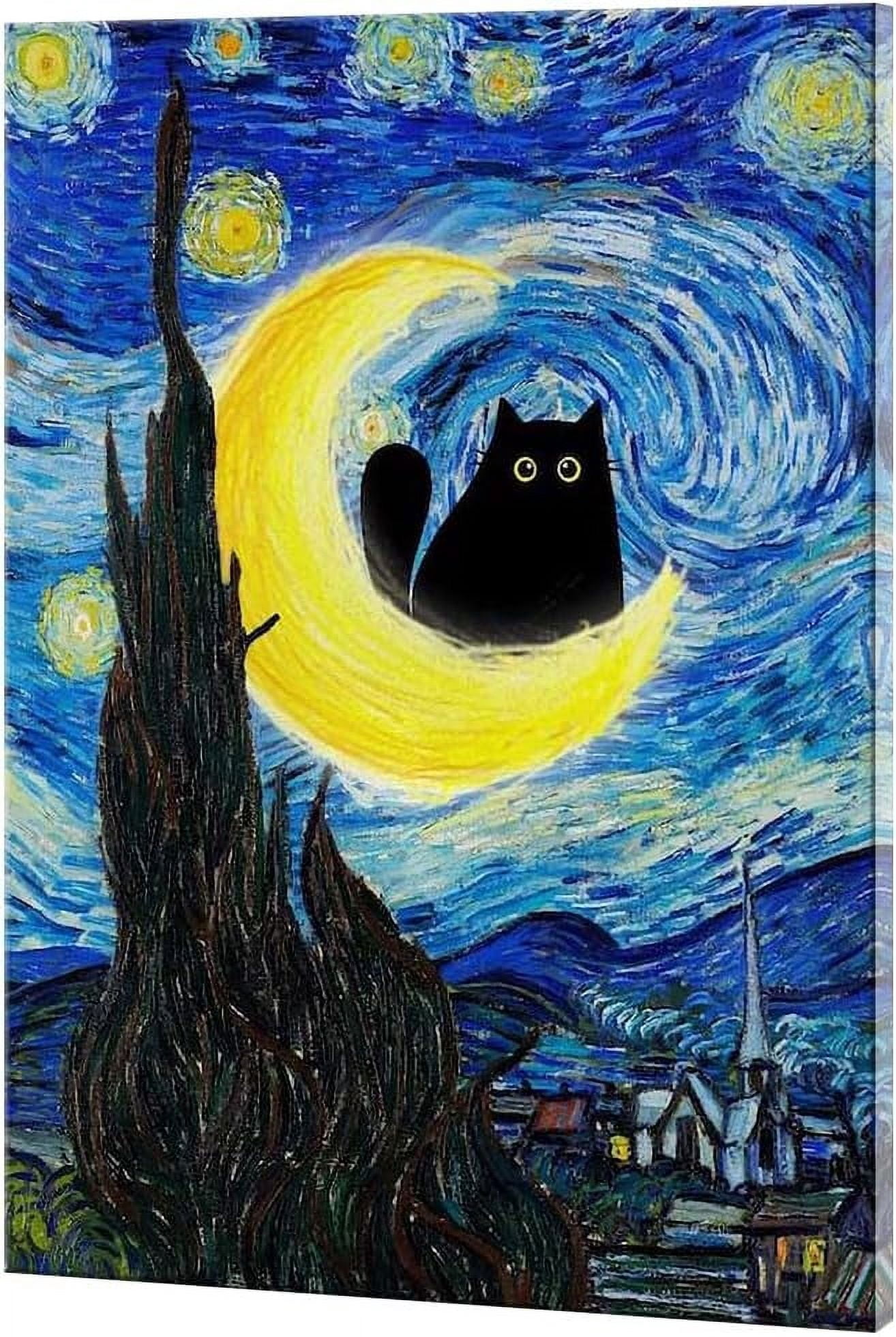 Water Lily & Black Cat Canvas Wall Art - Funny Retro Impressionist Painting Poster, Multiple Sizes, For Living Room, Bedroom, Bathroom