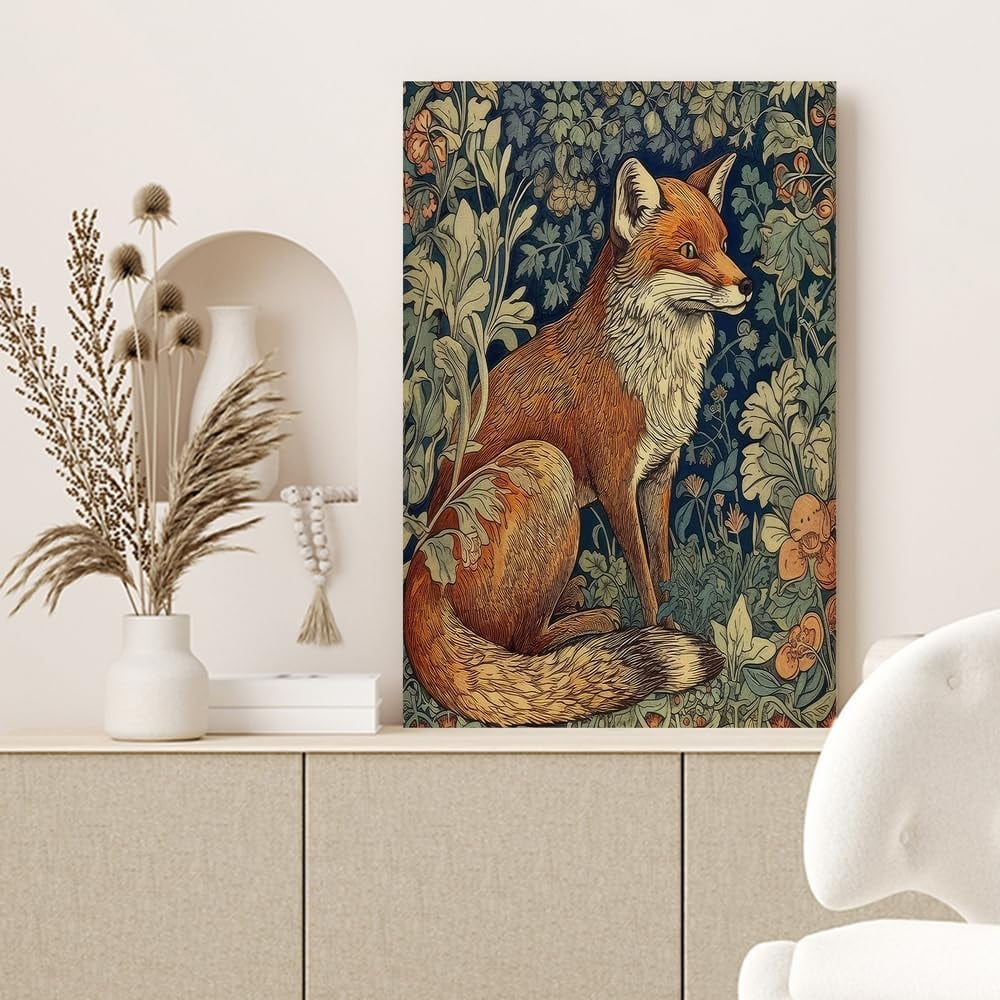ADALE Nordic Rustic William Morris Fox Wall Art Cute Fox Print Painting