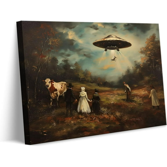 ADALE Retro UFO Canvas Wall Art Whimsical Alien Abduction Wall Decor Pictures Victorian Landscape Funny Altered Poster Prints Eclectic Trippy Spaceship Artwork for Home Decoration Unframe 12x16 Inch