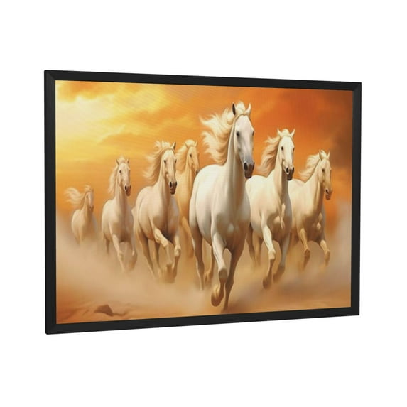 ADALE White Horse Canvas Wall Art Seven Horses Running Picture Wall Decor Wild Animal Painting Prints for Living Room Office Decor Black Framed 16x24 Inch