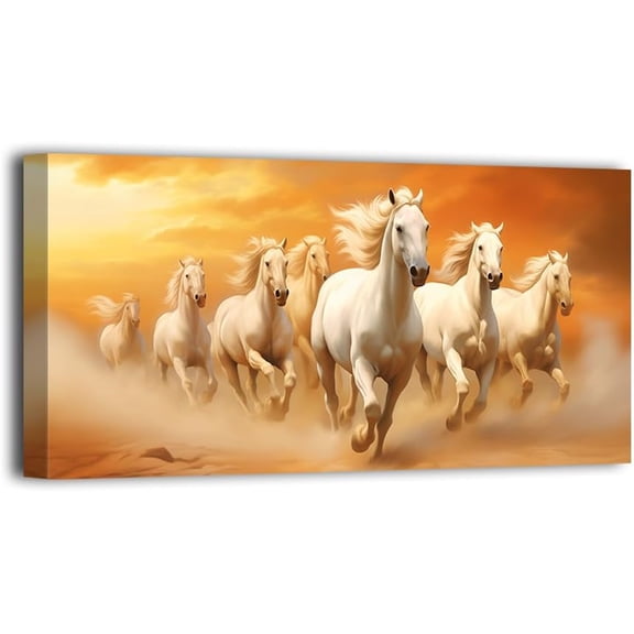 ADALE White Horse Canvas Wall Art Seven Horses Running Picture Wall Decor Wild Animal Painting Prints for Living Room Office Decor Framed 16x20 Inch