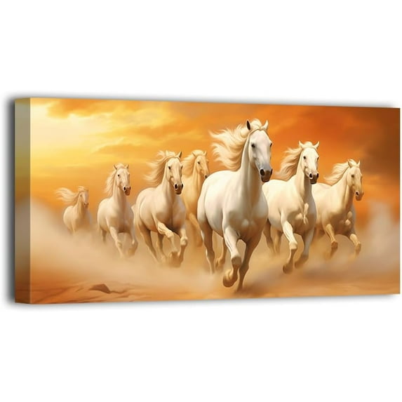 ADALE White Horse Canvas Wall Art Seven Horses Running Picture Wall Decor Wild Animal Painting Prints for Living Room Office Decor Framed 24x16 Inch