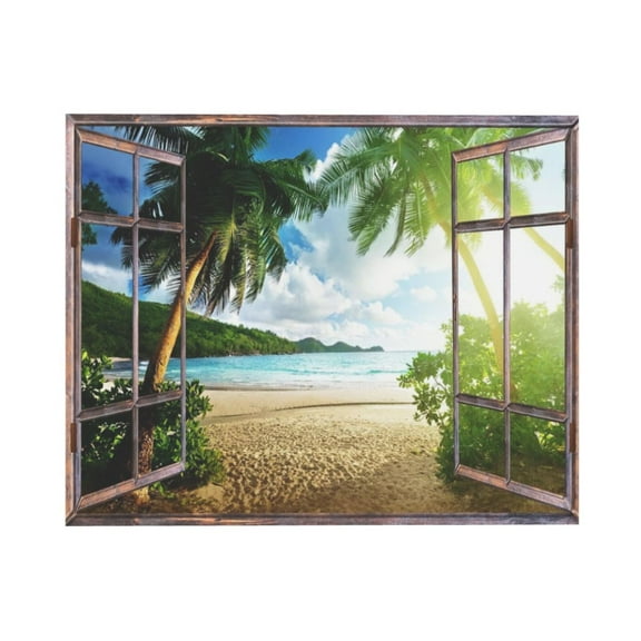 ADALE Window Tropical Beach Wall Art Sunset Palm Tree Decor Nature Ocean Coastal Landscape Living Room Office Seascape Painting Poster Hawaii Paradise Artwork Bedroom Home Decor Unframe 20x16 Inch