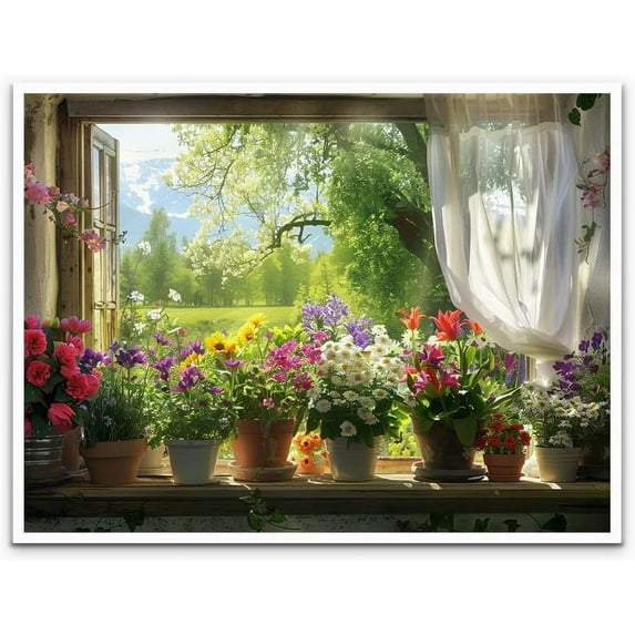 ADALE Window View Wall Art English Countryside and Garden Flowers Nature window Print art Painting a beautiful natural oil painting country farmhouse home decor Unframed 12x16 Inch