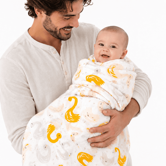 ADAM STORK Yellow Muslin Swaddle Blanket, Unisex, Cotton, 40x40, Birds & Swans Design, Gift Boxed