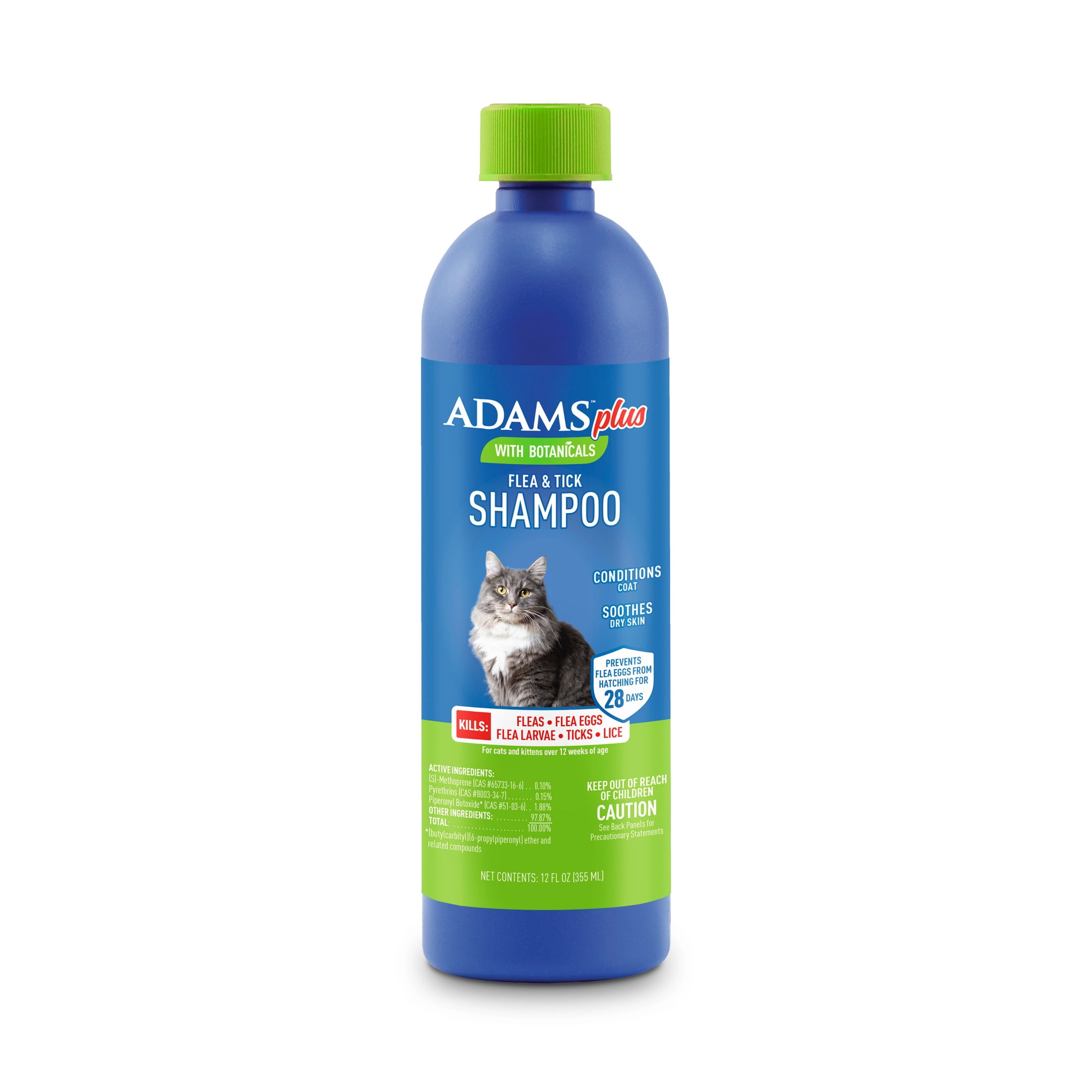 ADAMS Plus with Botanicals Flea & Tick Shampoo for Cats & Kittens, Flea Shampoo to Treat Flea Infestations, Soothes Dry Skin & Conditions Coat, Kills Adult Fleas, Flea Eggs, Ticks and Lice, 12 fl oz