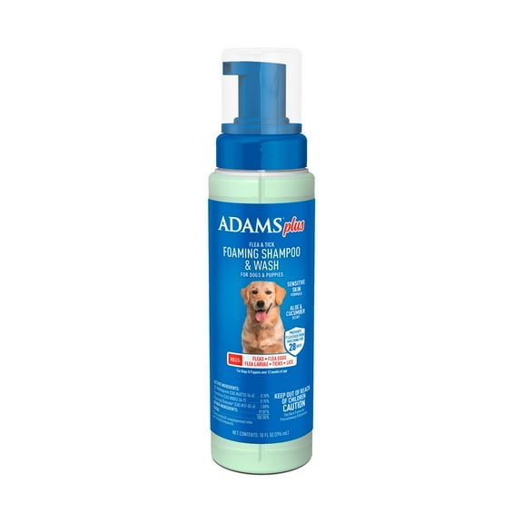 ADAMS Plus Flea & Tick Foaming Shampoo & Wash for Dogs & Puppies Over 12 Weeks, Sensitive Skin Flea Treatment for Dogs and Puppies, Kills Adult Fleas, Ticks and Lice On Contact, 10 Fluid Ounces