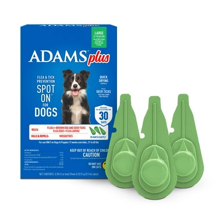 ADAMS Plus Flea & Tick Prevention Spot On for Dogs, Large Dogs, Kills Fleas & Ticks (Brown Dog/Deer Ticks), Kills and Repels Mosquitoes, Prevents Flea Infestations, 3-Month Supply, 3 pack