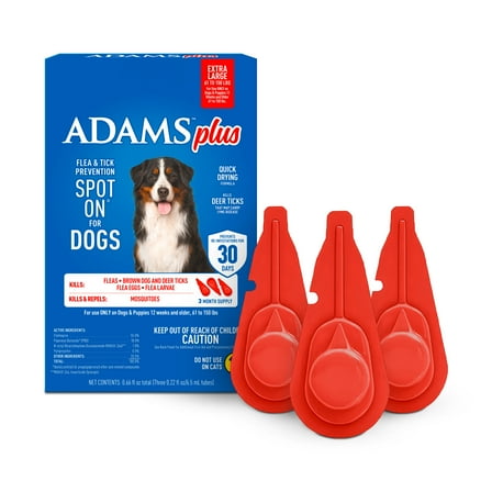 ADAMS Plus Flea & Tick Prevention Spot On for Dogs, Extra Large Dogs, Kills Fleas, Flea Eggs, Flea Larvae and Brown Dog and Deer Ticks, Kills and Repels Mosquitoes For 30 Days, 3-Month Supply, 3 Pack