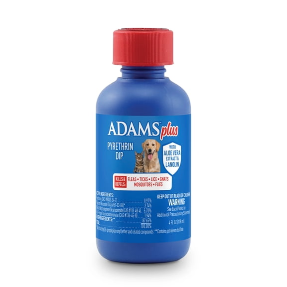 ADAMS Plus Pyrethrin Flea Dip For Dogs and Cats, Kills and Repels Fleas, Ticks, Lice, Gnats, Mosquitoes and Flies, For Dogs, Cats, Puppies, & Kittens, 4 Fl oz