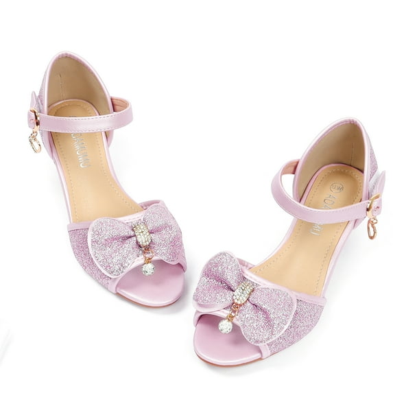 ADAMUMU Girls Glitter High Heel Sandals Princess Sweet Bow Dress Up Shoes Rhinestone Crystal Open Toe Shoes for Wedding Party Wedding Pink Size 13.5 Little Kid