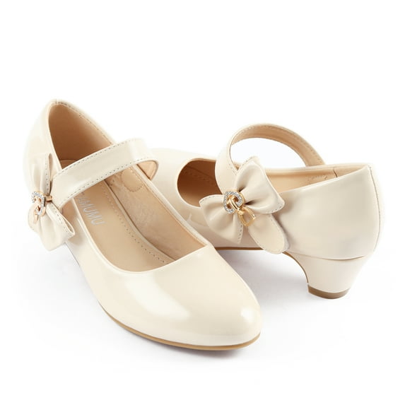 ADAMUMU Girls Mary Janes Medium Low Heels Flat Princess Ballet Dress Strap Shoes for Party Wedding School Cream Size 1M Big kid