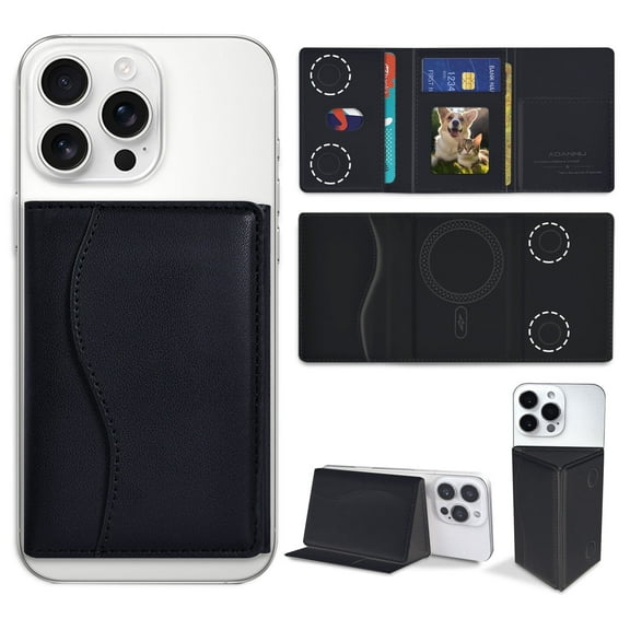 ADANNU 2-in-1 Black Magnetic Card Holder & Phone Stand for iPhone, 6 Card Slots, PU Leather, MagSafe Compatible