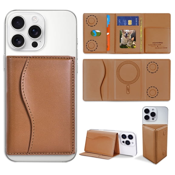 ADANNU 2-in-1 Brown Magnetic Card Holder & Phone Stand for iPhone, 6 Card Slots, PU Leather, MagSafe Compatible