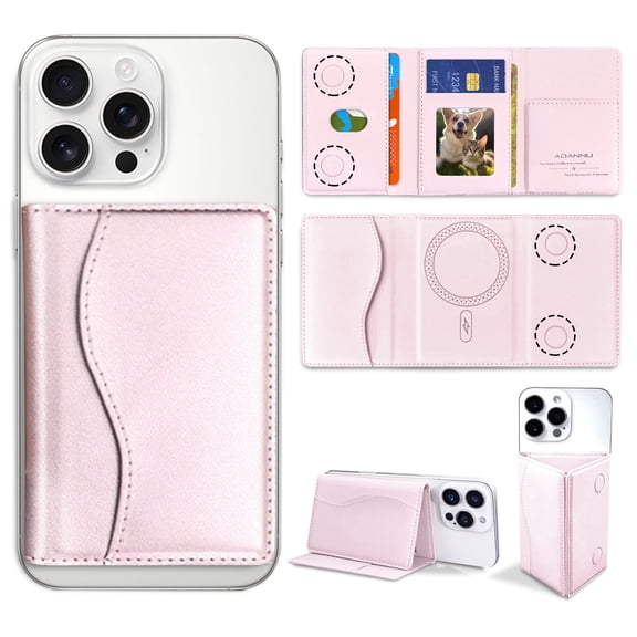 ADANNU 2-in-1 Pink Magnetic Card Holder & Phone Stand for iPhone, 6 Card Slots, PU Leather, MagSafe Compatible