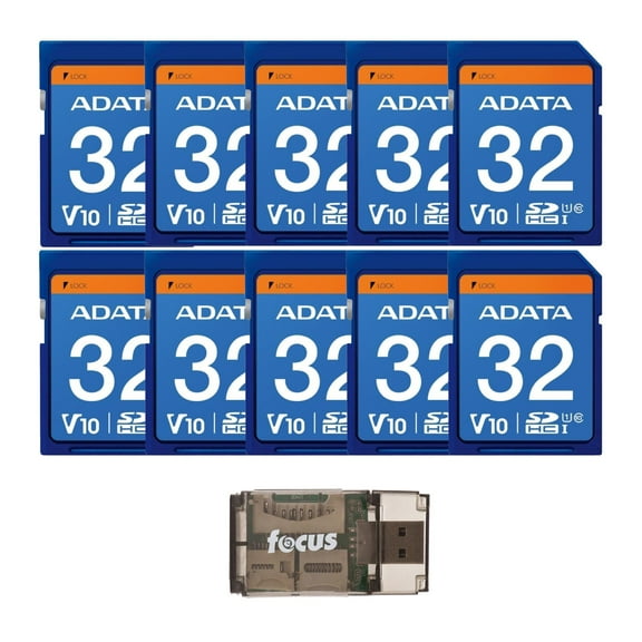 ADATA Premier 32GB SDHC UHS-I U1 Waterproof Shockproof Anti-Static Memory Card for Digital Cameras (10-Pack) Bundle with Focus All-In-One High Speed Card Reader (11 Items)