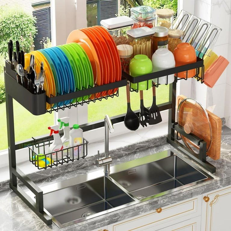 Expandable Roll up Dish Drying Rack with 2 Storage Baskets, Over