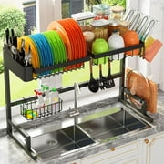 ADBIU Over The Sink Dish Drying Rack (Expandable Height and Length) Snap-On Design 2 Tier Large Dish Rack Stainless Steel (24" - 35.5"(L) x 12"(W) x 19" - 22"(H))