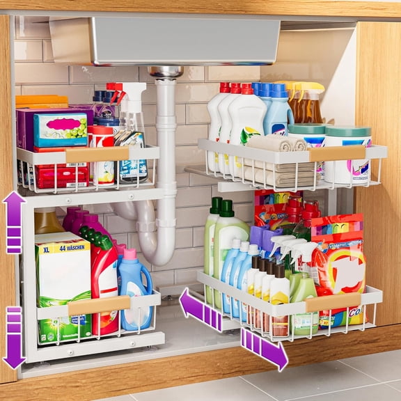 Unr Sink Organizer 2 Pack, Adjustable Height (11"-15.75") Unr Cabinet Storage, 2 Tier Pull Out Sliding Drawers for Kitchen Bathroom, Heavy Duty Metal Shelf, White