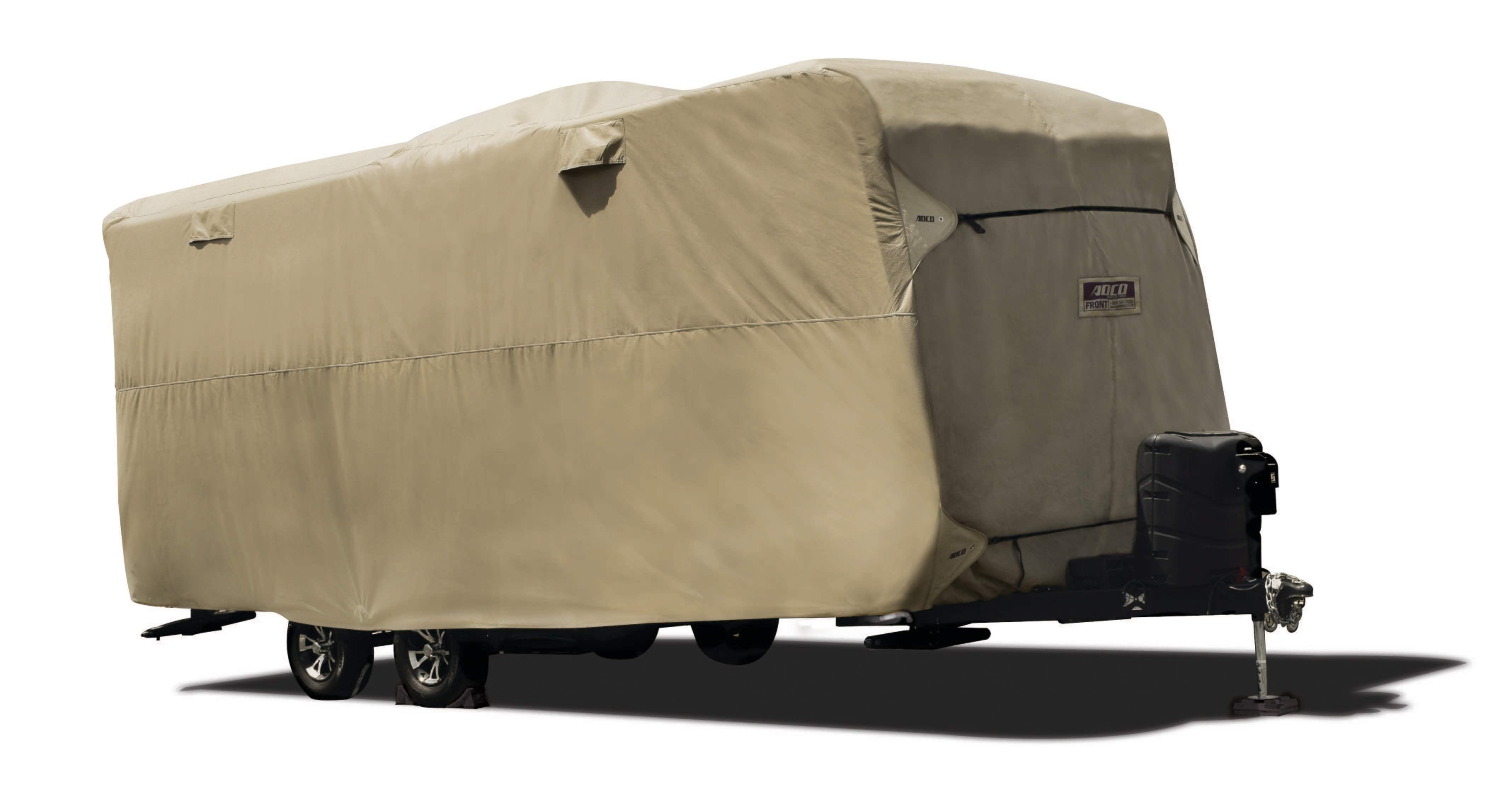 Tan All-Weather Breathable Travel Trailer Cover with Storage Bag