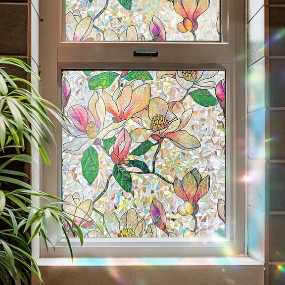 ADD.HERES Window Privacy Film, Stained Glass Decorative Static Cling, Removable Laser Sun Blocking Vinyl Covering, Window Film for Home Kitchen Living Room, Pink Magnolia, 17.3 x 78.7in
