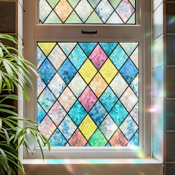 ADD.HERES Window Privacy Film, Stained Glass Window Film, Removable Static Cling, Decorative Laser Sun Blocking Vinyl Covering for Home Kitchen Living Room, Colorful Diamond Grid, 11.8" x 78.7"