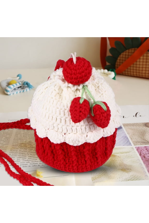 Red Hand-Knitted Cake Shape Crochet Shoulder Bag for Women Portable Crossbody Purse Storage