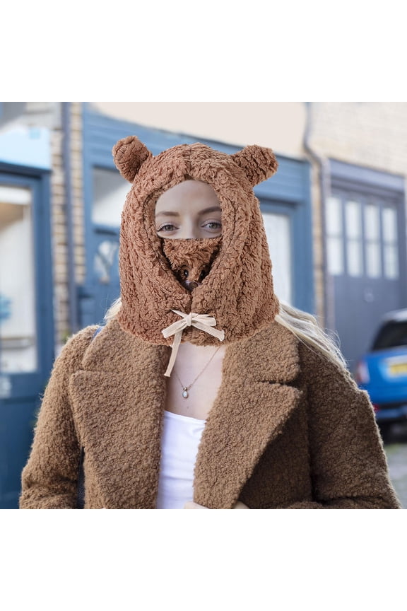 1Pcs Plush Hat Bear Shape Girls Thermal Cartoon Animal Cute Hat Style Face Protection Brown 31x28cm