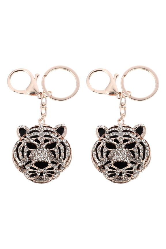 Shiny Rhinestone Tiger Keychain Golden Alloy Hanging Decor 2Pcs