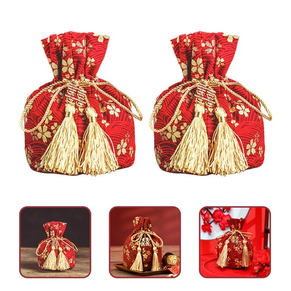 ADDHAT Elegant Red Drawstring Candy Pouches for Weddings and Festivals 2Pcs