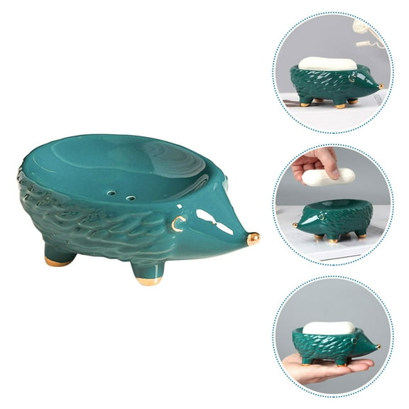 ADDHAT Ceramic Hedgehog Soap Stand Decorative and Bathroom Accessory Green