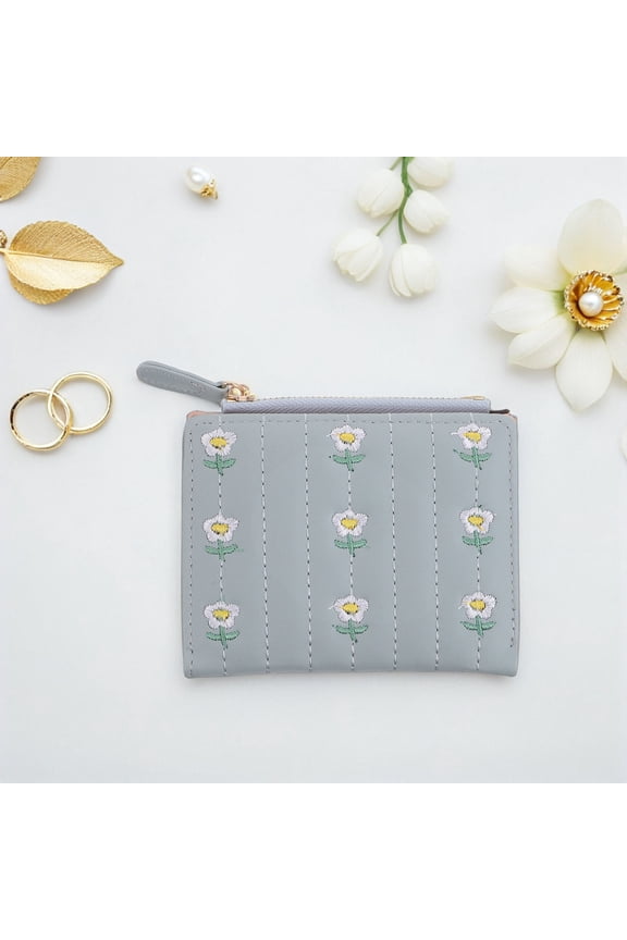 Stylish Green PU Small Wallet for Women with Embroidered Design, Pocket, and Multiple Card Slots 4.5x4.0 inches