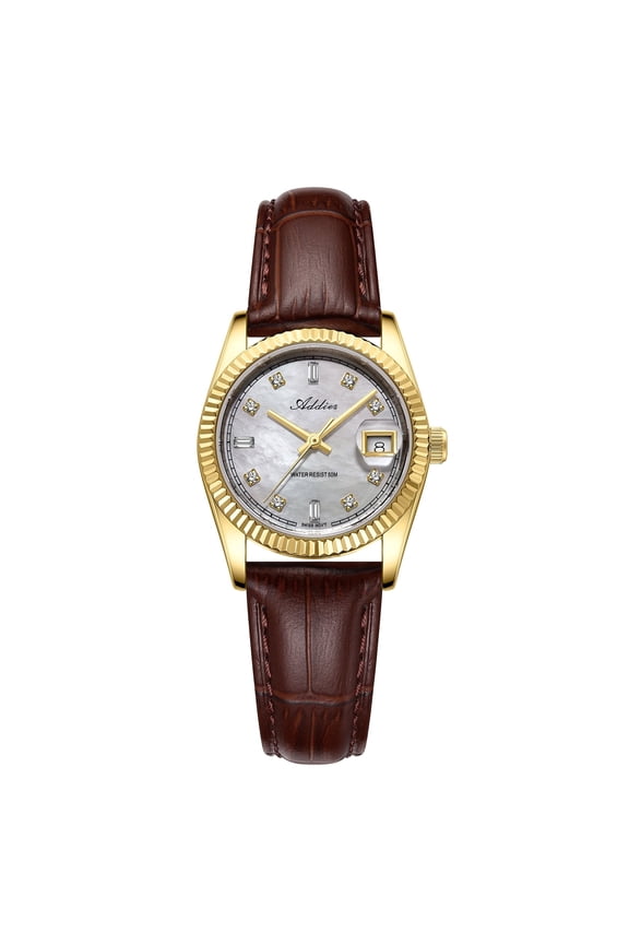 Women's Dress Watch, Mother of Pearl Dial, Sapphire Crystal, Czech Rhinestone Accents, Leather Strap, Swiss Quartz, Waterproof Elegant Wristwatch, Gift for Women AW25905