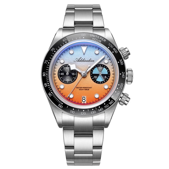 ADDIESDIVE Men's 40mm VK64 Quartz Chronograph Watch, Ceramic Tachymeter Bezel, Stainless Steel Bracelet, 100M Water Resistant, Date Display, Gift for Men