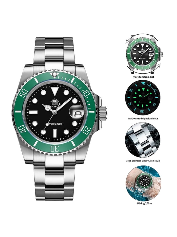 Dive Watches for Men 200m Waterproof, Analog Quartz, BGW9 Luminous, Date Calendar with Magnifier, Stainless Steel Wristwatch