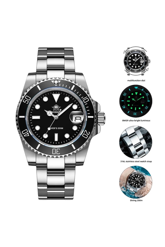 Men's Analog Watch Diver 200m Men's Quartz Watch BGW9 Luminous Stainless Steel Bracelet