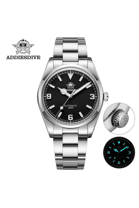 Men's Automatic Watch, Sapphire Crystal NH35 Movement, 100m Waterproof Dive Watch, Luminous, Black Dial