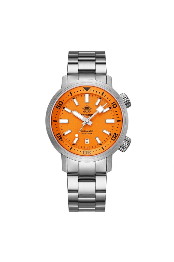 Men's Automatic Watch Skeleton Diver 200M Waterproof, Japanese Movement, Sapphire Crystal, 42mm Luminous Orange Dial Stainless Steel